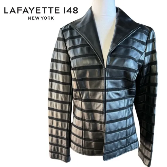 Lafayette 148 New York Black Lightweight Evening Leather Blazer Like New Small 4