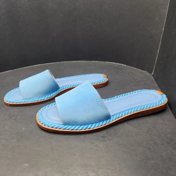 Lafayette 148 sandals women's 7 light blue suede leather woven slides Made Italy