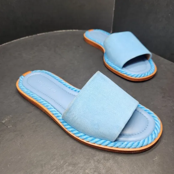 Lafayette 148 sandals women's 7 light blue suede leather woven slides Made Italy