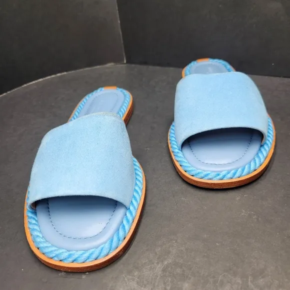 Lafayette 148 sandals women's 7 light blue suede leather woven slides Made Italy