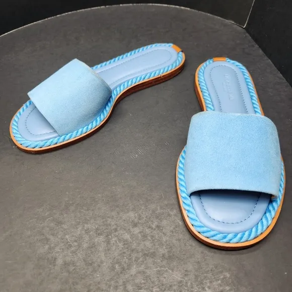 Lafayette 148 sandals women's 7 light blue suede leather woven slides Made Italy