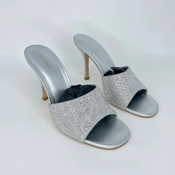 Larroude Colette Crystal &amp; Suede Mule Heels w. Rhinestones in Silver Gray 9