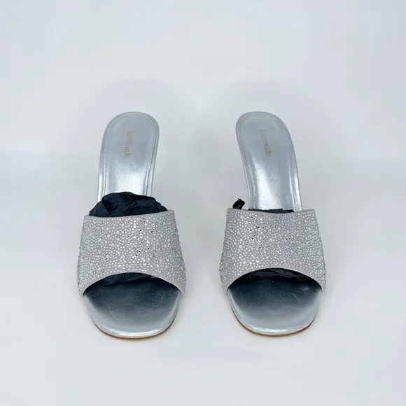 Larroude Colette Crystal &amp; Suede Mule Heels w. Rhinestones in Silver Gray 9