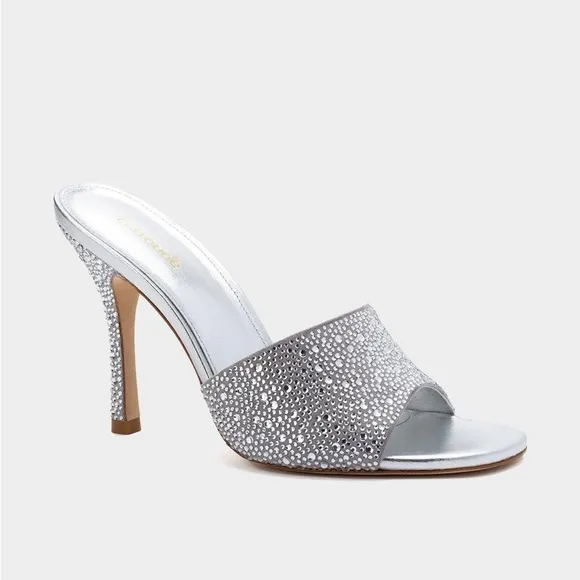 Larroude Colette Crystal &amp; Suede Mule Heels w. Rhinestones in Silver Gray 9