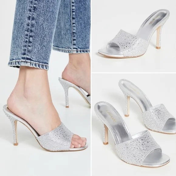 Larroude Colette Crystal &amp; Suede Mule Heels w. Rhinestones in Silver Gray 9