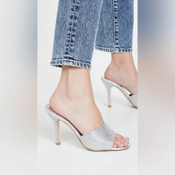 Larroude Colette Crystal &amp; Suede Mule Heels w. Rhinestones in Silver Gray 9