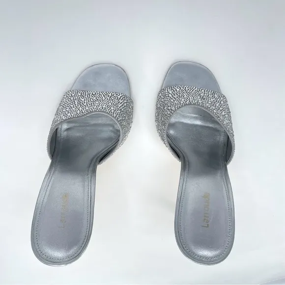 Larroude Colette Crystal &amp; Suede Mule Heels w. Rhinestones in Silver Gray 9