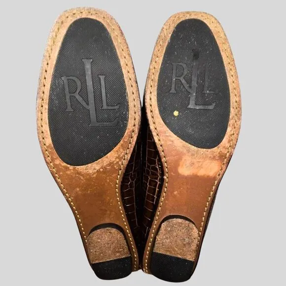 Lauren Ralph Lauren Women's Loafers Size 6B Brown Croc Embossed Leather Shoes