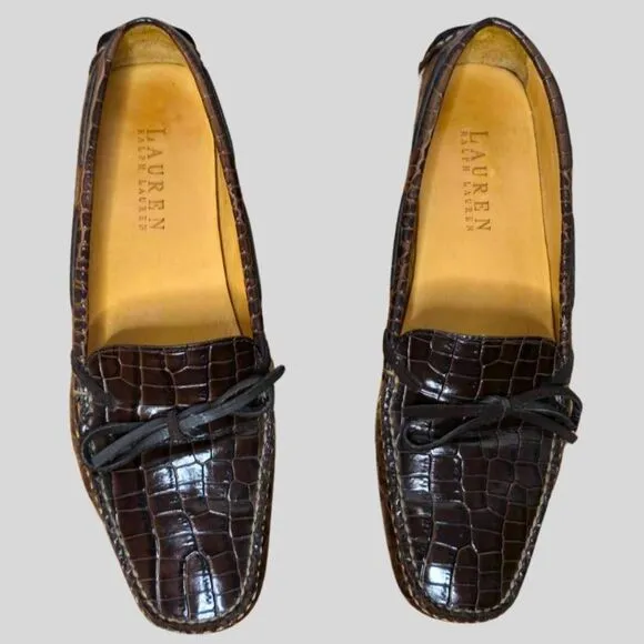 Lauren Ralph Lauren Women's Loafers Size 6B Brown Croc Embossed Leather Shoes