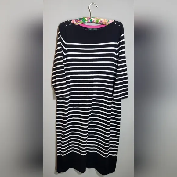 LAUREN RL NWOT Knit Dress | Black &amp; White Stripe | 3/4 Sleeve | size 1X