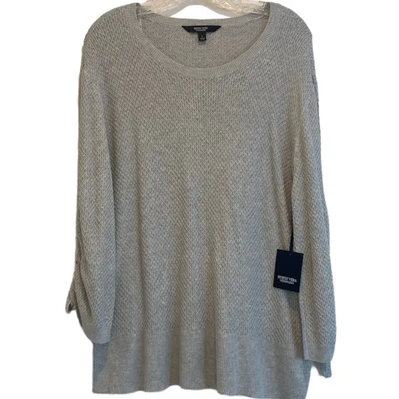 Lightweight Sweater All Season Knit Drawstring Sleeve Neutral Gray Size Large