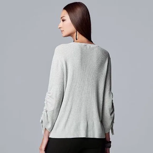 Lightweight Sweater All Season Knit Drawstring Sleeve Neutral Gray Size Large