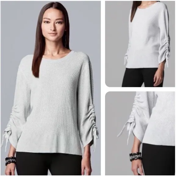 Lightweight Sweater All Season Knit Drawstring Sleeve Neutral Gray Size Large