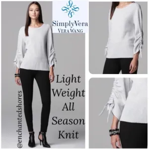 Lightweight Sweater All Season Knit Drawstring Sleeve Neutral Gray Size Large