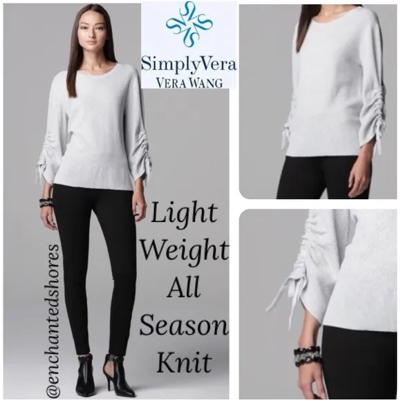 Lightweight Sweater All Season Knit Drawstring Sleeve Neutral Gray Size Large