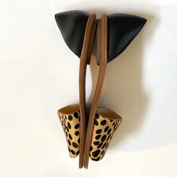 Loeffler Randall tan black spot leopard print calf hair sawyer flats sandals