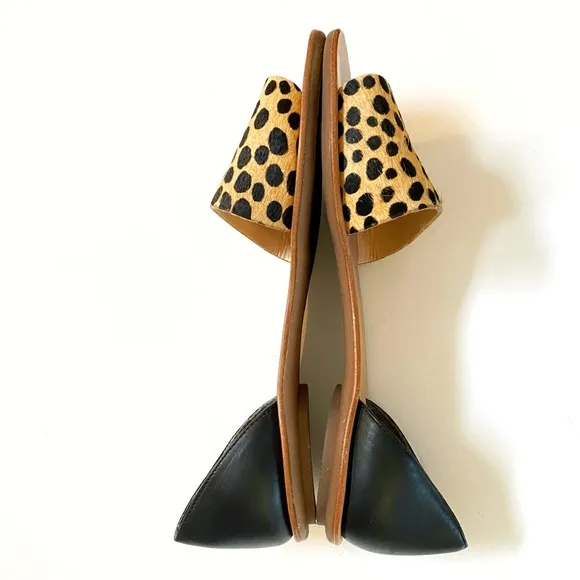 Loeffler Randall tan black spot leopard print calf hair sawyer flats sandals