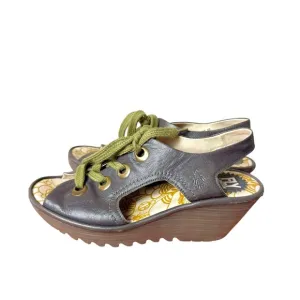 London Fly Ylfa Lace Up Leather Wedge Sandal Olive Green Size 9