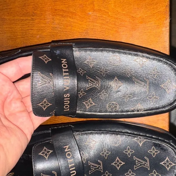 Louis Vuitton Black Loafers with Monogram and Leather Strap