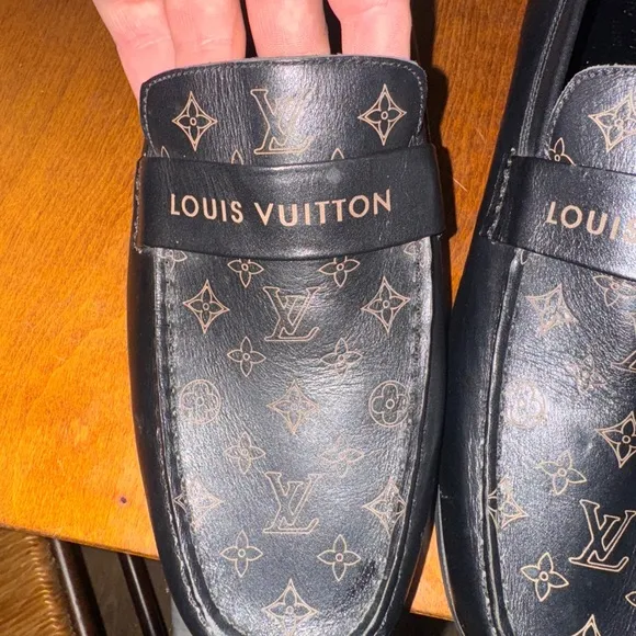 Louis Vuitton Black Loafers with Monogram and Leather Strap