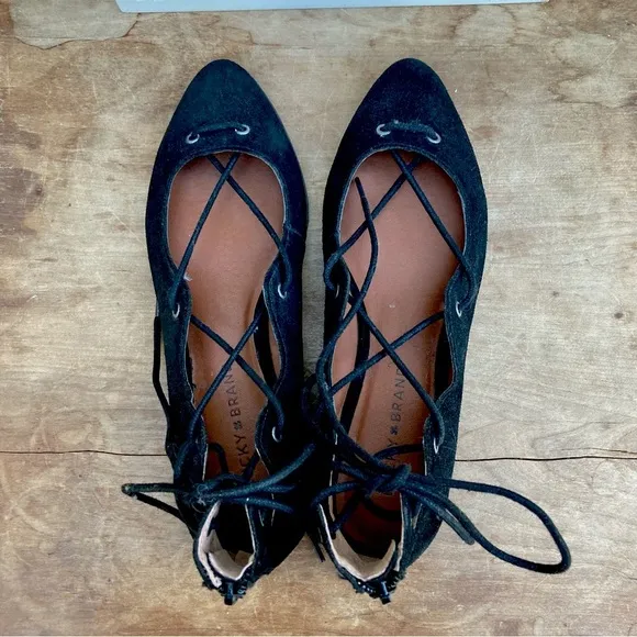 Lucky Brand ballet flats lace-up faux suede black size 8.5 NEW