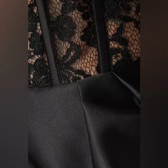 Luxurious black lace off the shoulder puff sleeve long sleeve midi dress