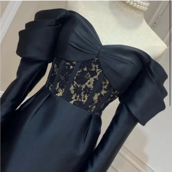 Luxurious black lace off the shoulder puff sleeve long sleeve midi dress