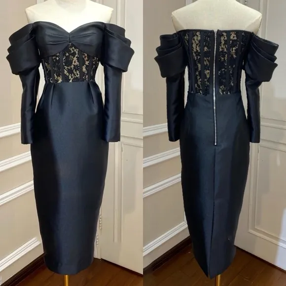Luxurious black lace off the shoulder puff sleeve long sleeve midi dress