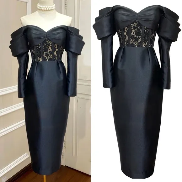 Luxurious black lace off the shoulder puff sleeve long sleeve midi dress