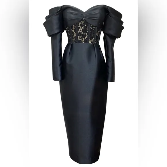 Luxurious black lace off the shoulder puff sleeve long sleeve midi dress