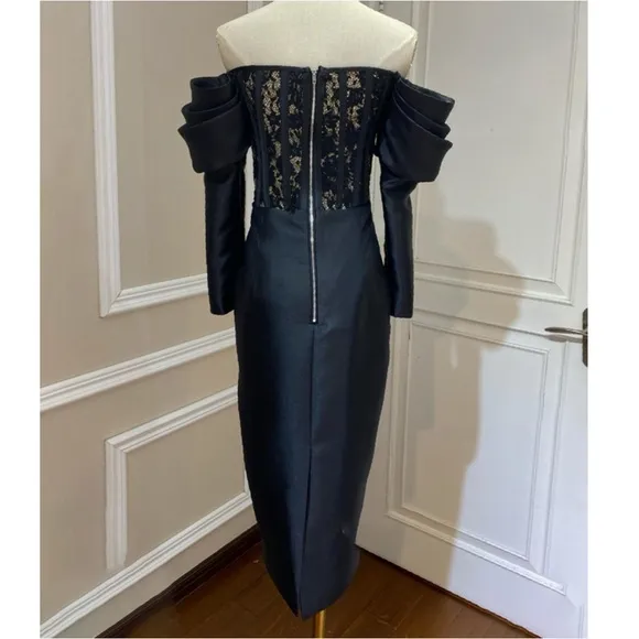 Luxurious black lace off the shoulder puff sleeve long sleeve midi dress