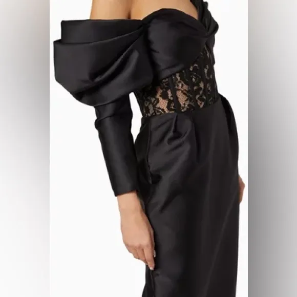 Luxurious black lace off the shoulder puff sleeve long sleeve midi dress