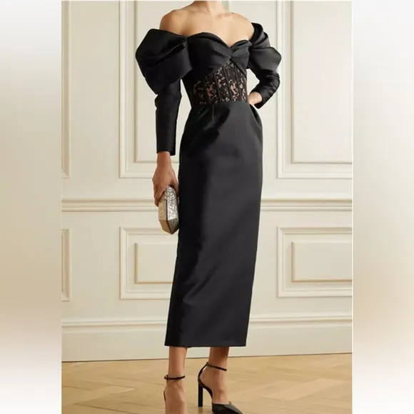 Luxurious black lace off the shoulder puff sleeve long sleeve midi dress