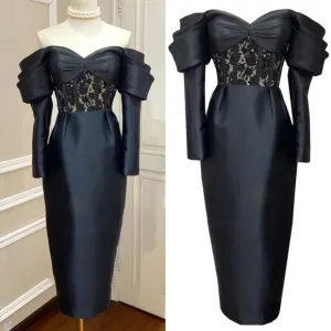 Luxurious black lace off the shoulder puff sleeve long sleeve midi dress