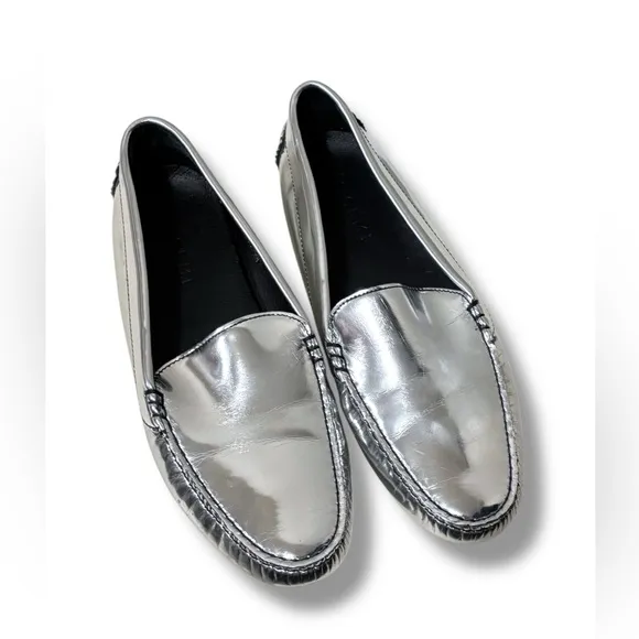 M. Gemi Felize Silver Patent Leather Italian Driving Loafers Size 8.5