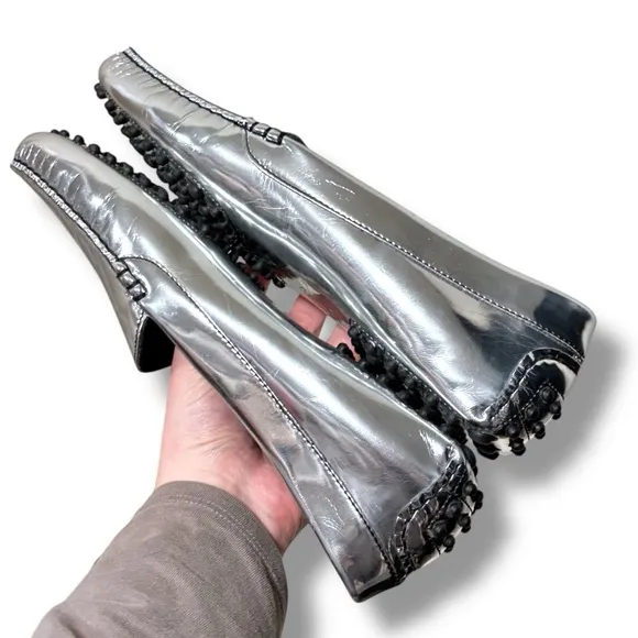 M. Gemi Felize Silver Patent Leather Italian Driving Loafers Size 8.5