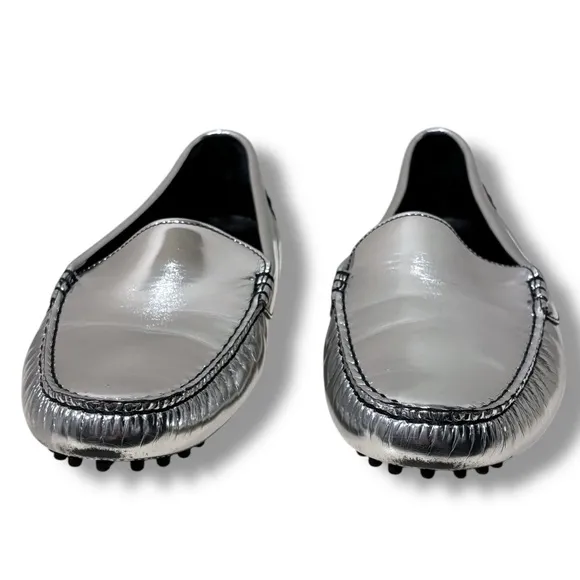 M. Gemi Felize Silver Patent Leather Italian Driving Loafers Size 8.5