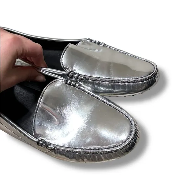 M. Gemi Felize Silver Patent Leather Italian Driving Loafers Size 8.5