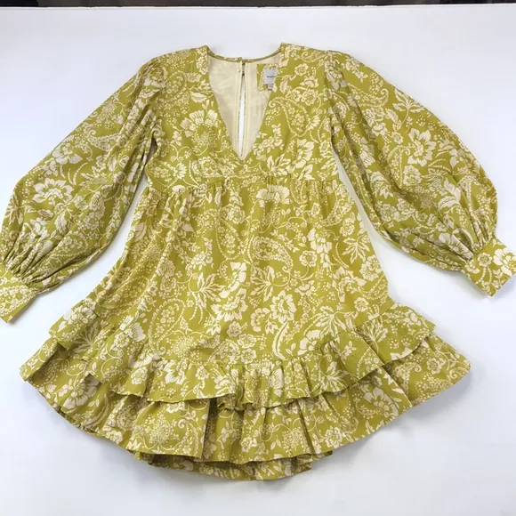 Maeve Anthropologie NEW chartreuse cotton lined long sleeve dress Size Small