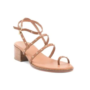 MAJE Camel Leather Gold Tone Stud Embellished Strappy Heeled Sandals