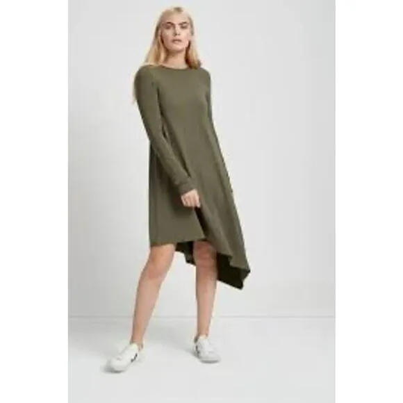 Marcella Size M Olive Green Long Sleeve Knit Asymmetrical Hem Dress Minimalist