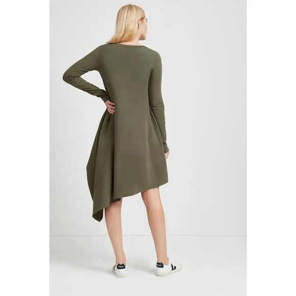 Marcella Size M Olive Green Long Sleeve Knit Asymmetrical Hem Dress Minimalist
