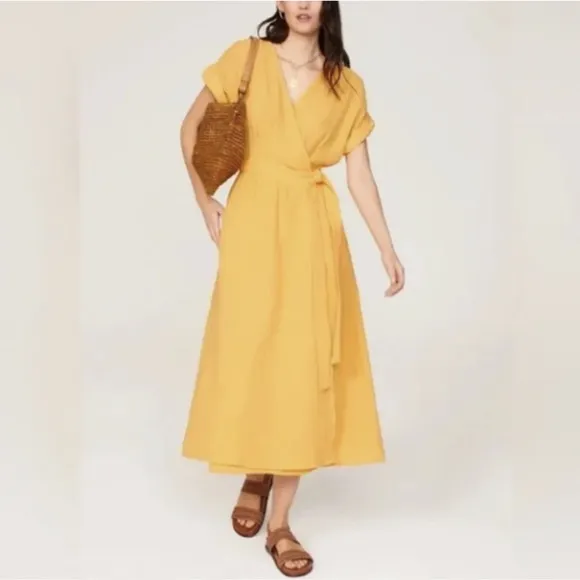 Marine Layer Valencia Dress Cotton Gauze True Wrap Golden Yellow Size Medium