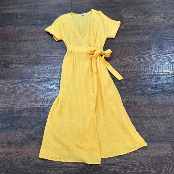 Marine Layer Valencia Dress Cotton Gauze True Wrap Golden Yellow Size Medium
