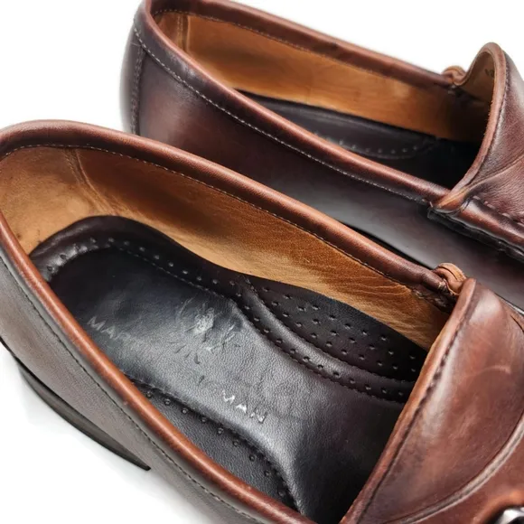 Martin Dingman Addison Dark Burnished Brown Leather Slip-On Bit Penny Loafers
