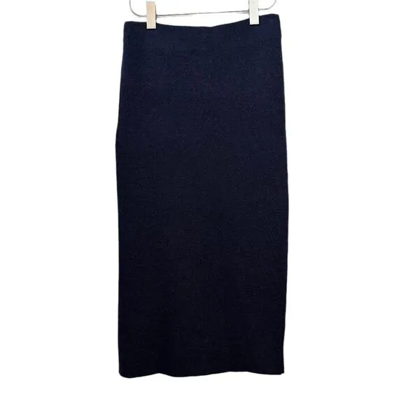Massimo Dutti Knit Midi Pencil Skirt Navy Blue Side Slit Sweater Pull On Small