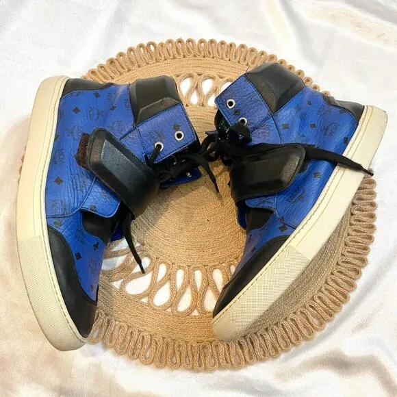MCM High Top Logo Leather Sneakers Blue Black/Blue Size EU 42