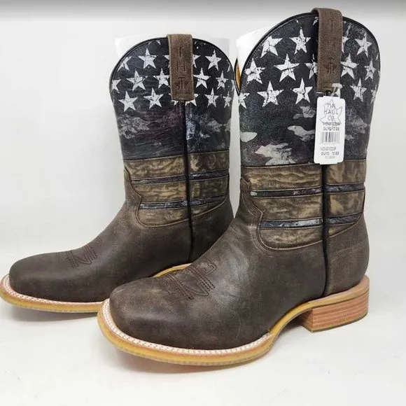 Men's 10  EE Wide Tin Haul Freedom isn't free USA flag western cowboy boots