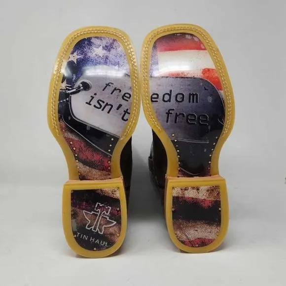 Men's 10  EE Wide Tin Haul Freedom isn't free USA flag western cowboy boots