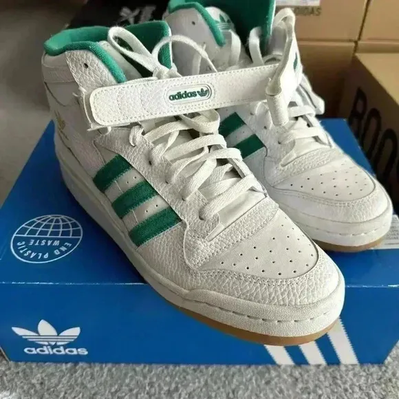 Men's Adidas Originals Forum Mid Shoes‎ (H00749) White/Gum/ Green Size 10 Mens